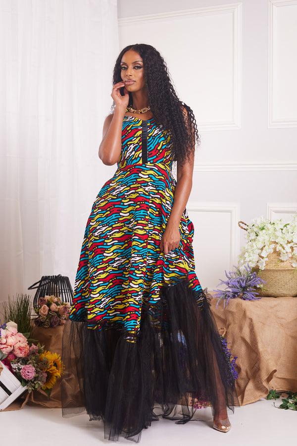 JAIYE AFRICAN PRINT TULLE MAXI DRESS