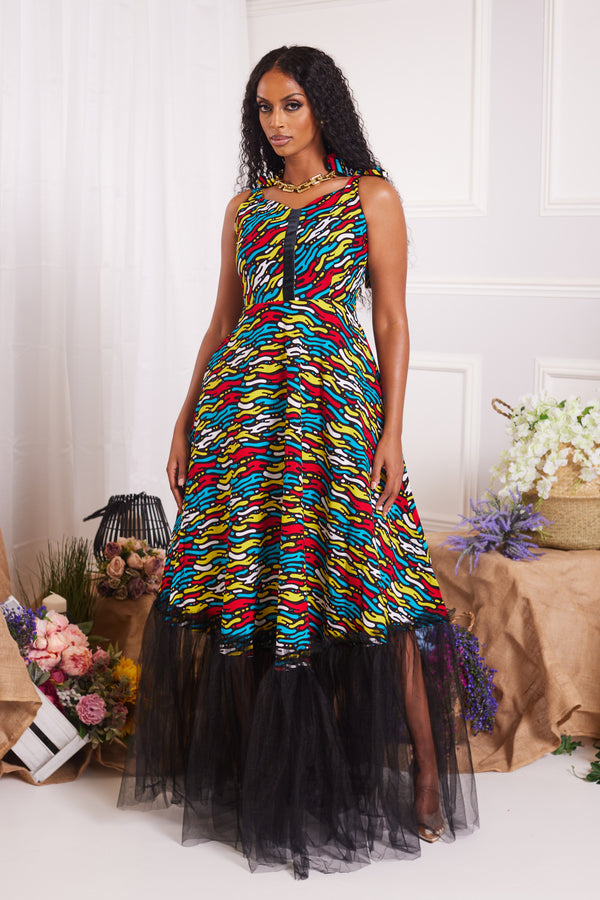 JAIYE AFRICAN PRINT TULLE MAXI DRESS