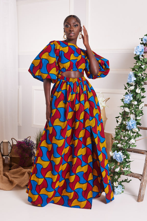 MARRASI AFRICAN PRINT PUFFY SLEEVE MAXI DRESS