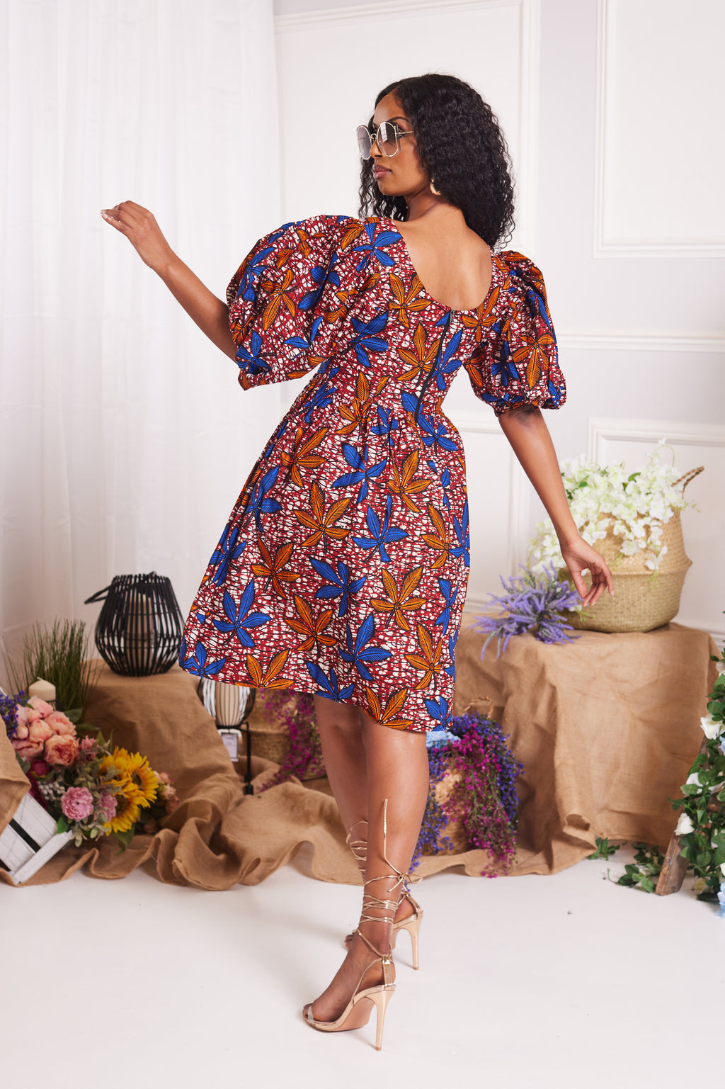 AGBANI AFRICAN PRINT PUFFY SLEEVE MINI DRESS- back view