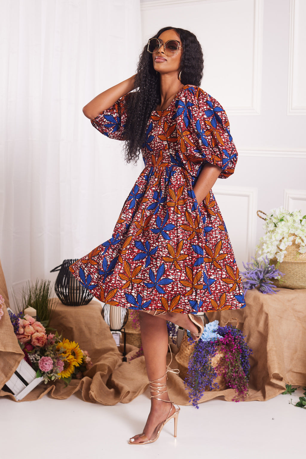 AGBANI AFRICAN PRINT PUFFY SLEEVE MINI DRESS