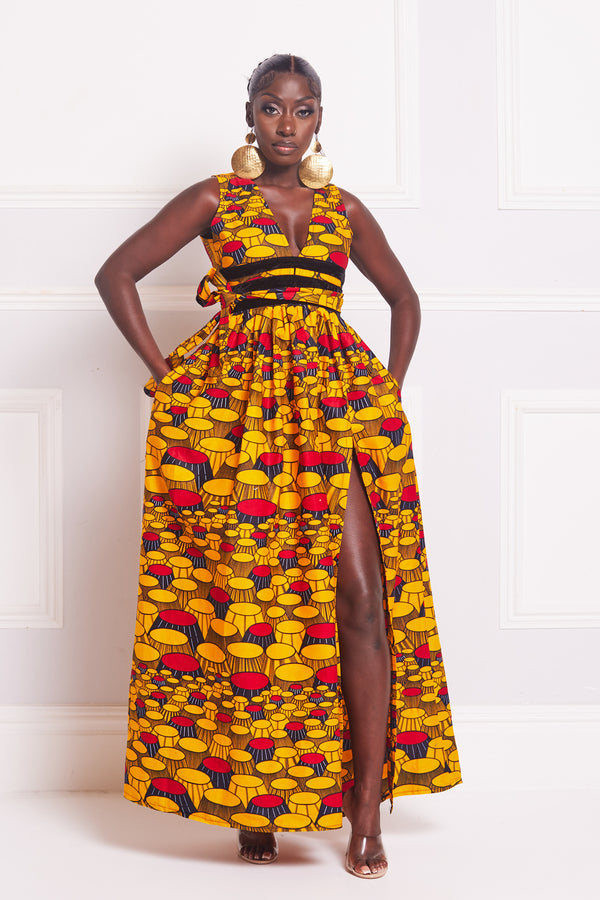 YASSINA AFRICAN PRINT OPEN BACK MAXI DRESS