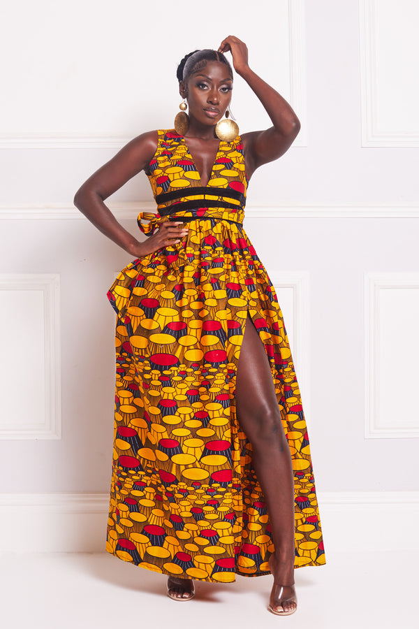 YASSINA AFRICAN PRINT OPEN BACK MAXI DRESS