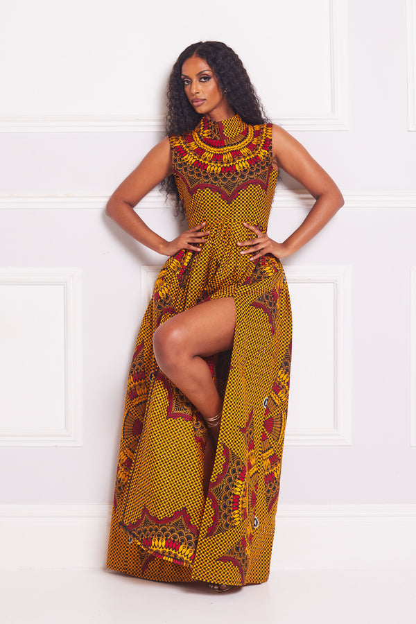 EDINMA AFRICAN PRINT HIGH-NECK MAXI DRESS