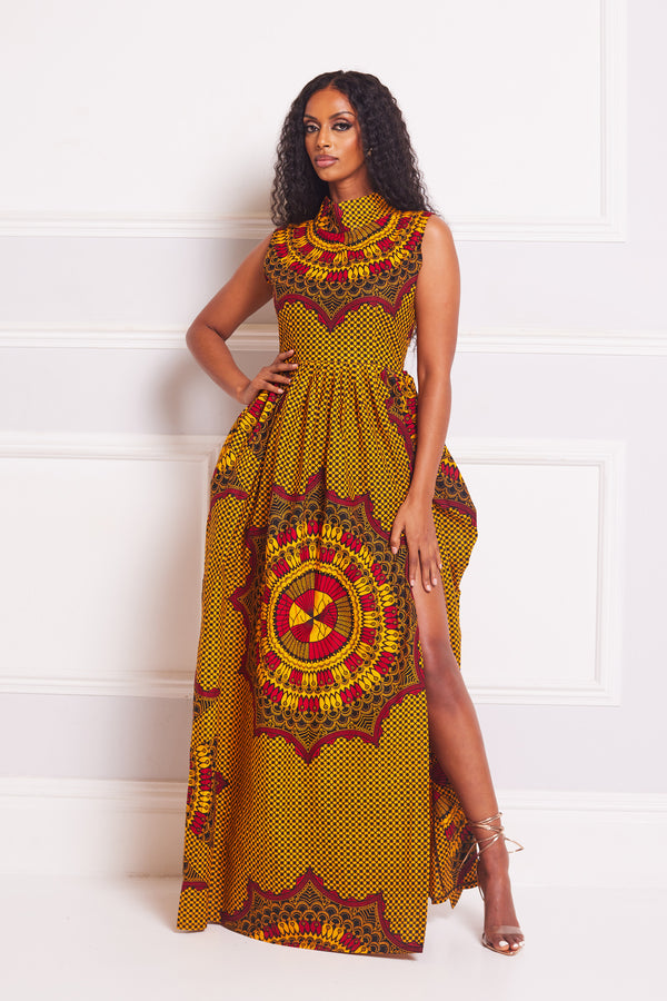 EDINMA AFRICAN PRINT HIGH-NECK MAXI DRESS