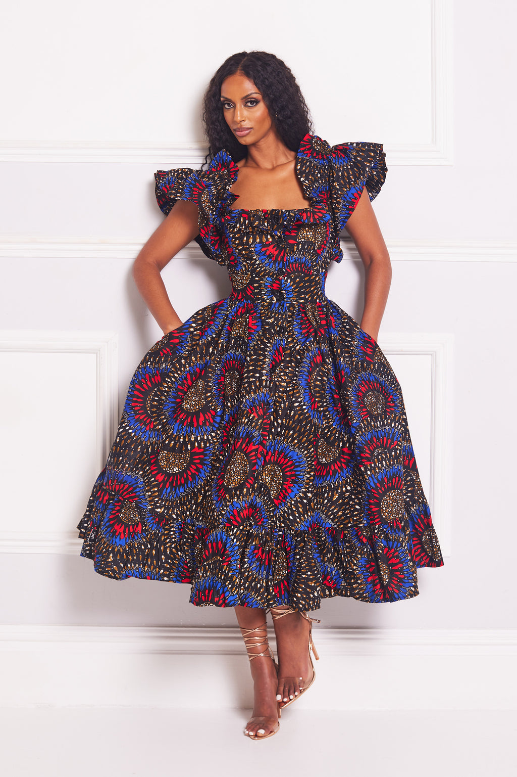 URSULA AFRICAN PRINT RUFFLE SLEEVE MIDI DRESS