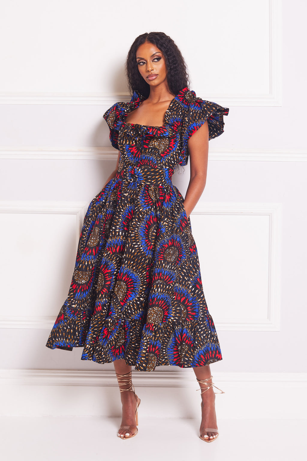 URSULA AFRICAN PRINT RUFFLE SLEEVE MIDI DRESS