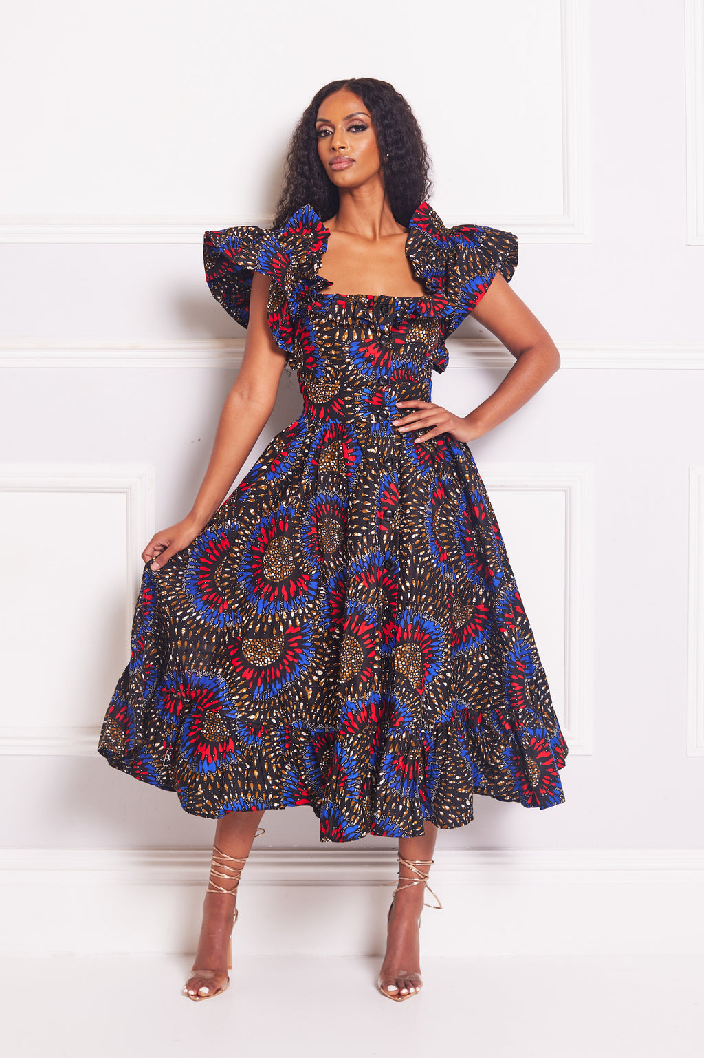 URSULA AFRICAN PRINT RUFFLE SLEEVE MIDI DRESS