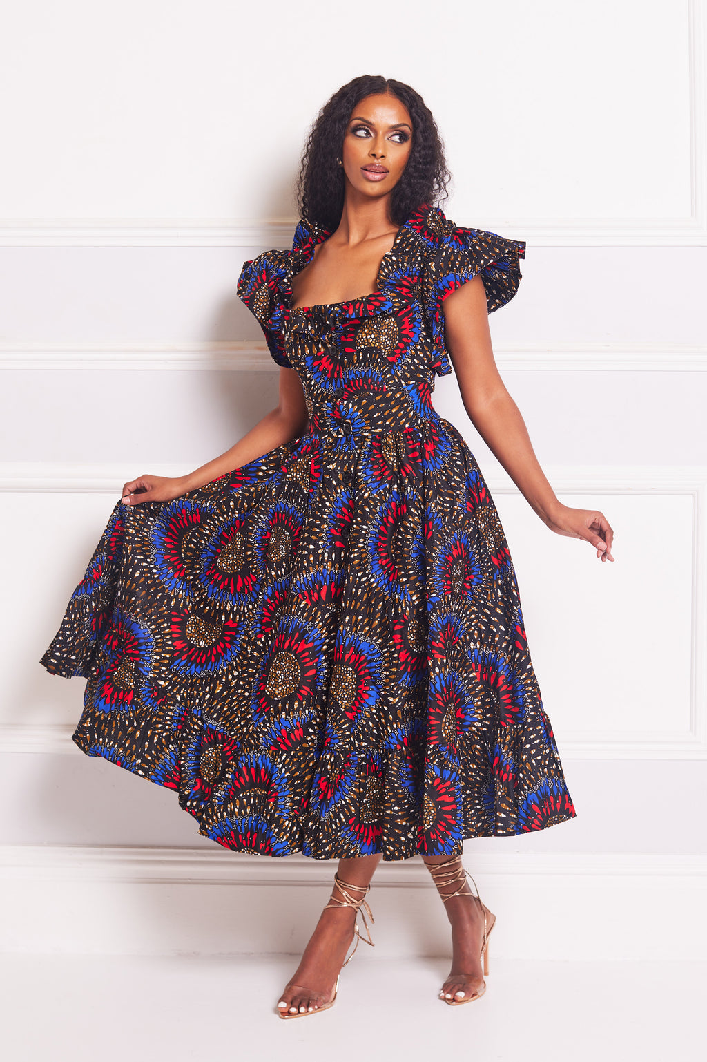 URSULA AFRICAN PRINT RUFFLE SLEEVE MIDI DRESS