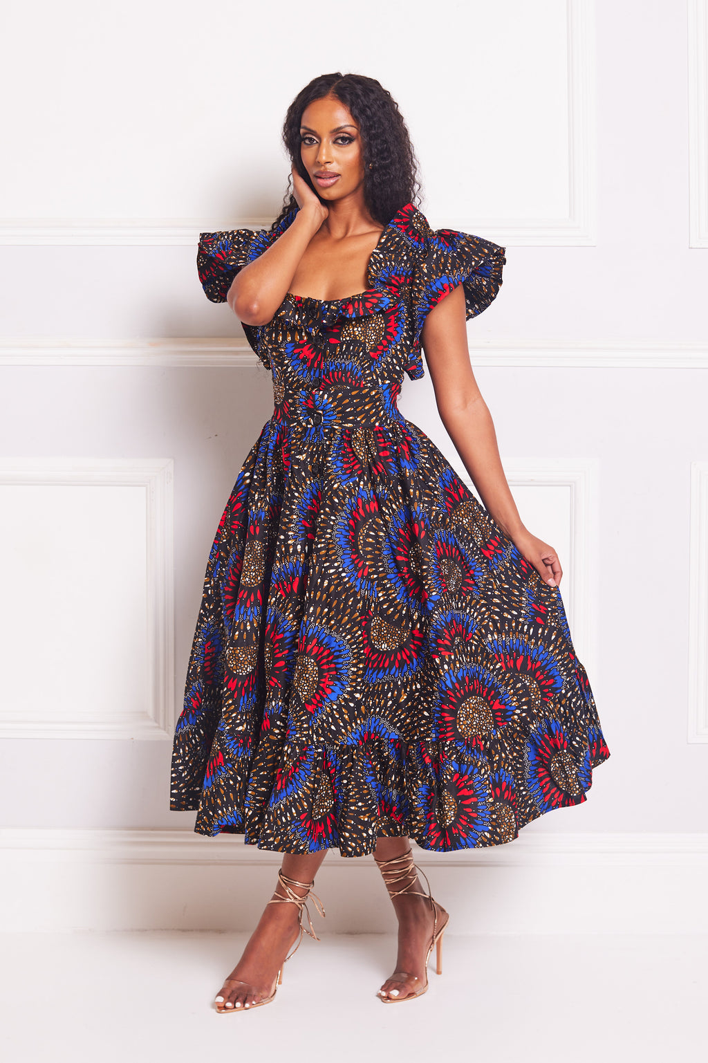 URSULA AFRICAN PRINT RUFFLE SLEEVE MIDI DRESS