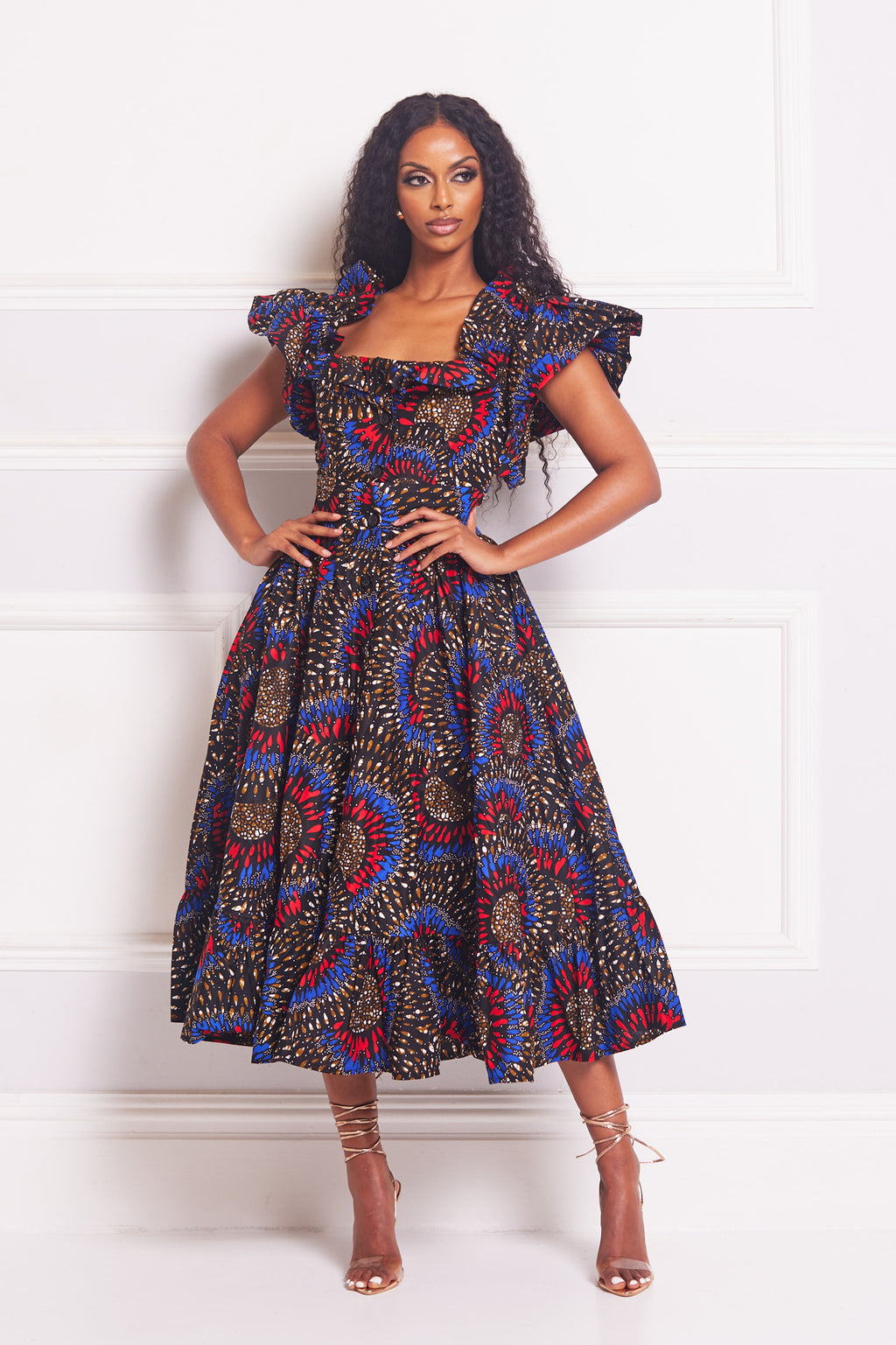 URSULA AFRICAN PRINT RUFFLE SLEEVE MIDI DRESS