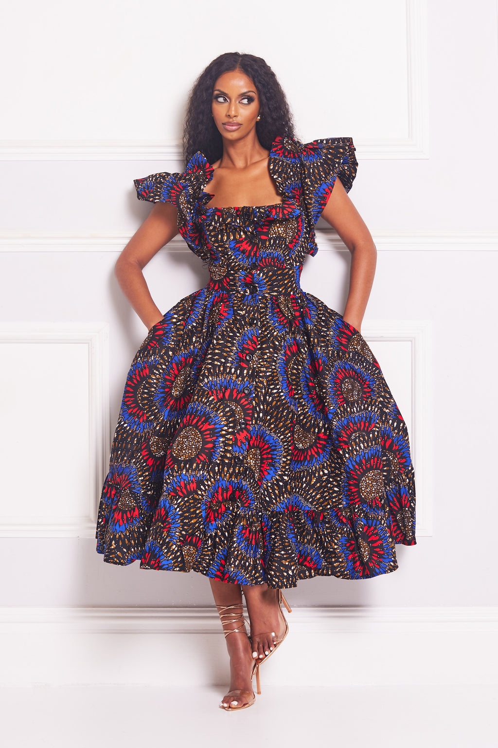 URSULA AFRICAN PRINT RUFFLE SLEEVE MIDI DRESS