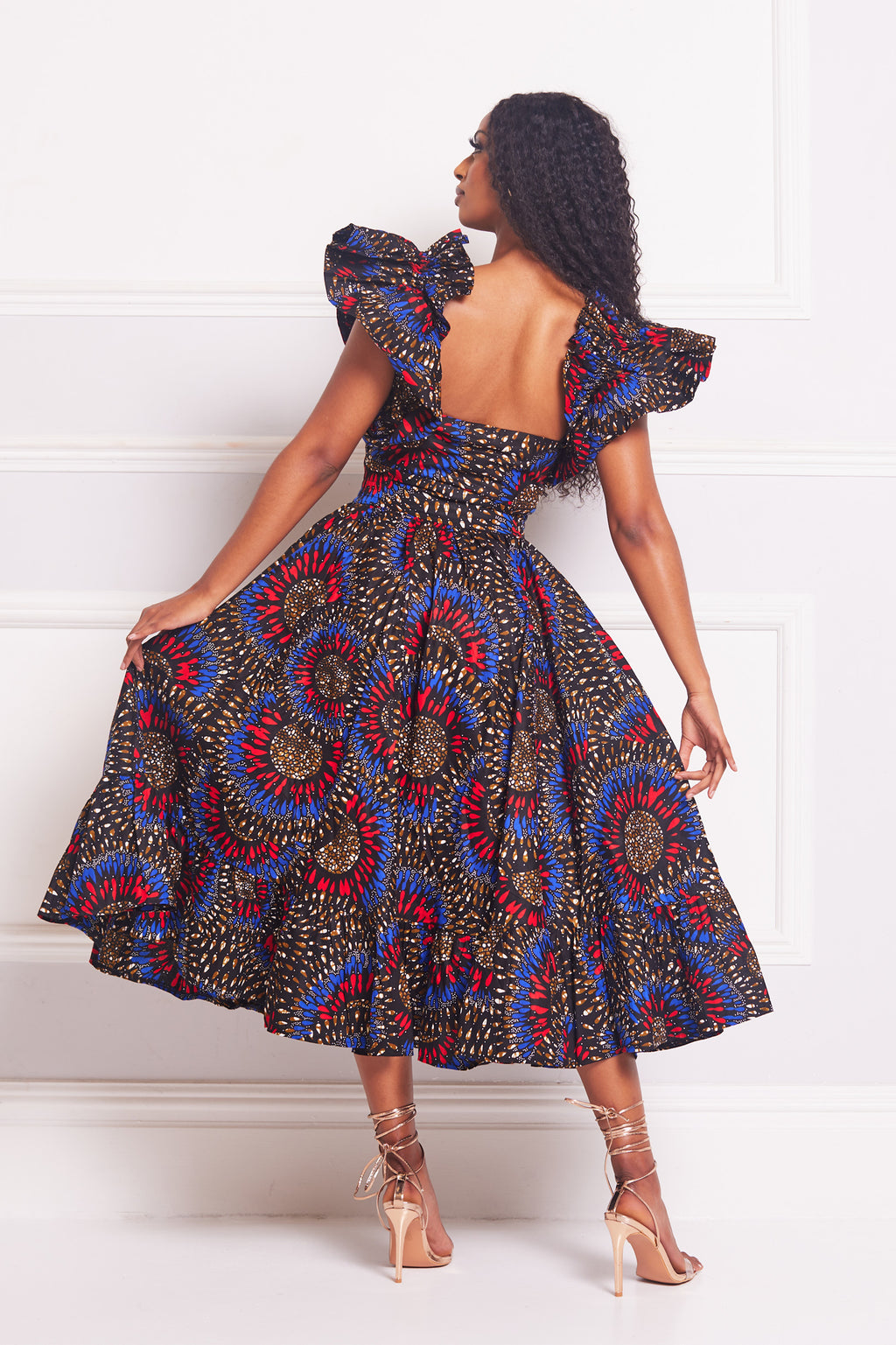 URSULA AFRICAN PRINT RUFFLE SLEEVE MIDI DRESS