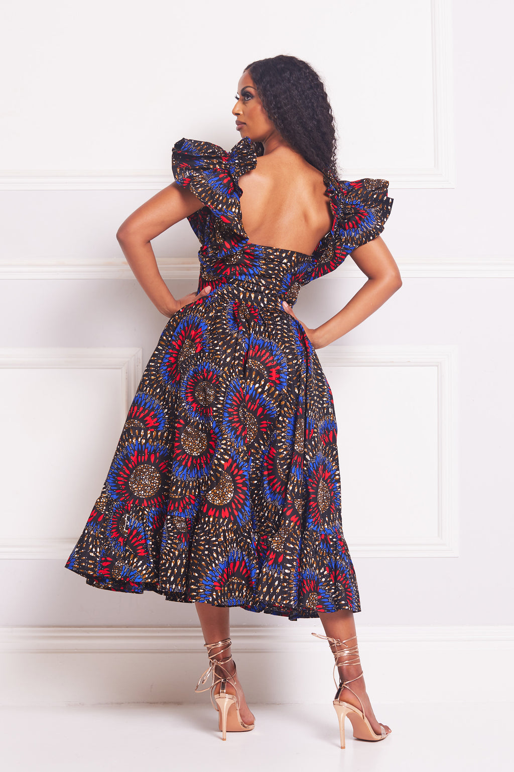 URSULA AFRICAN PRINT RUFFLE SLEEVE MIDI DRESS