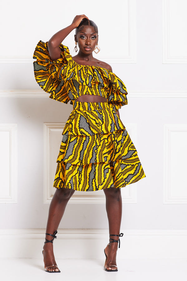 AMARASA AFRICAN PRINT OFF-SHOULDER LAYERED MINI DRESS-1