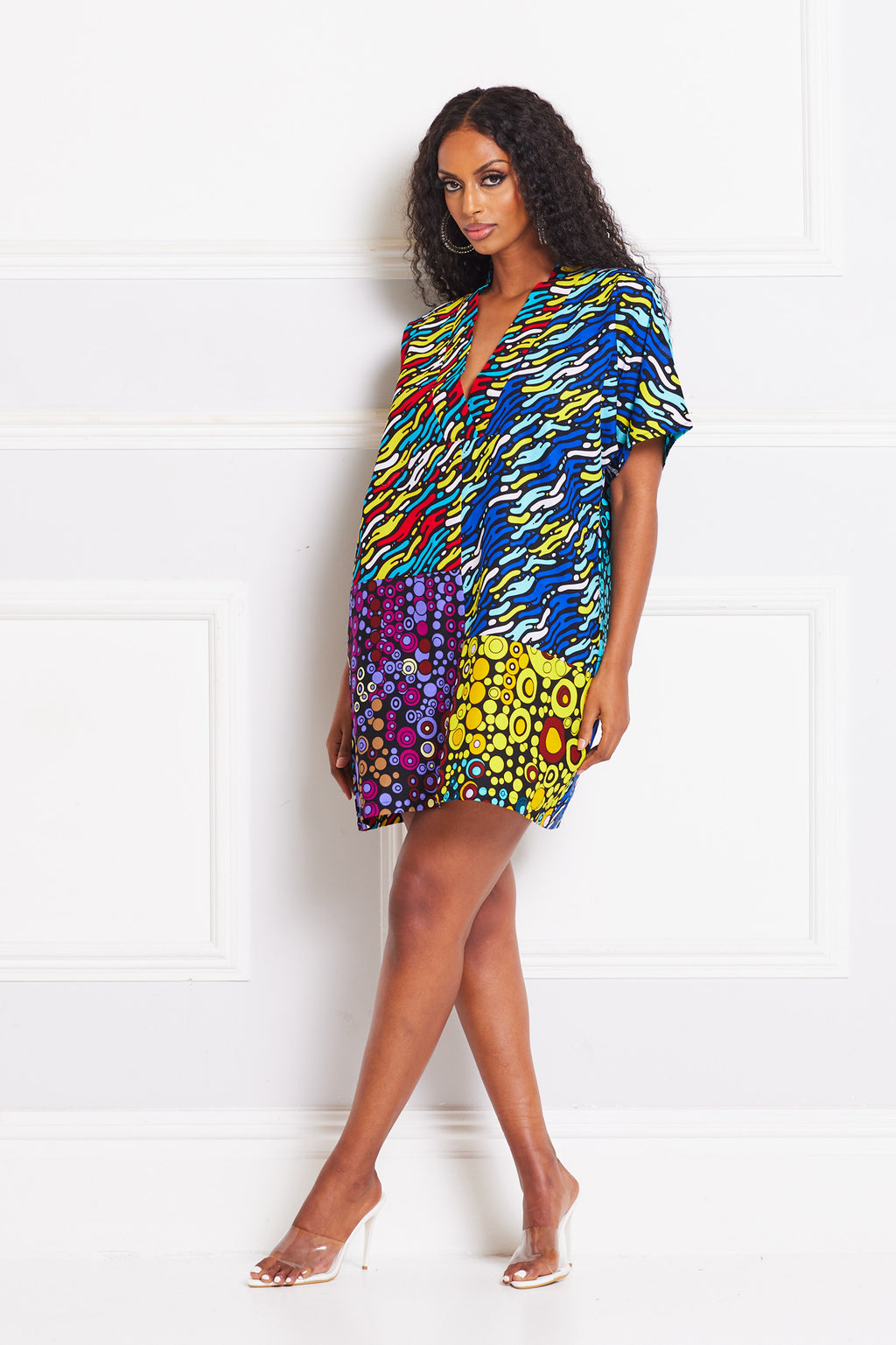 BELLA AFRICAN PRINT V-NECK MINI DRESS