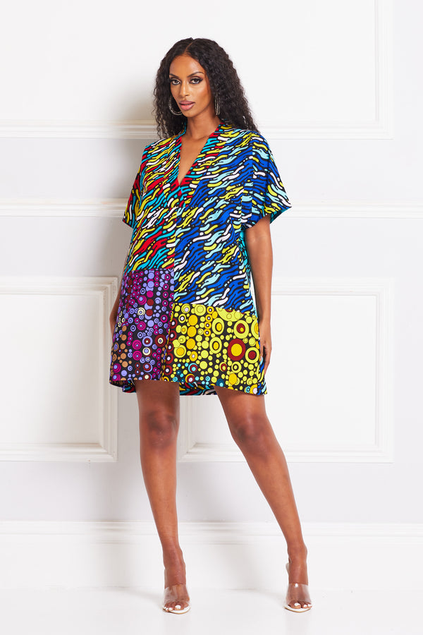 BELLA AFRICAN PRINT V-NECK MINI DRESS