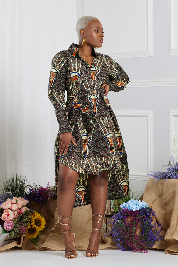 TAIJA AFRICAN PRINT HI-LOW MIDI SHIRT DRESS