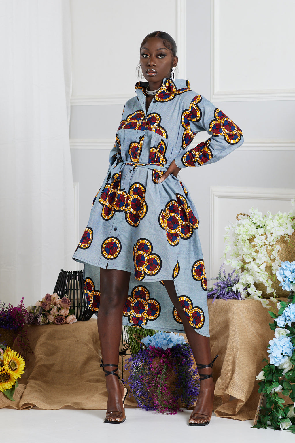 MELLIE AFRICAN PRINT HI-LOW MIDI SHIRT DRESS