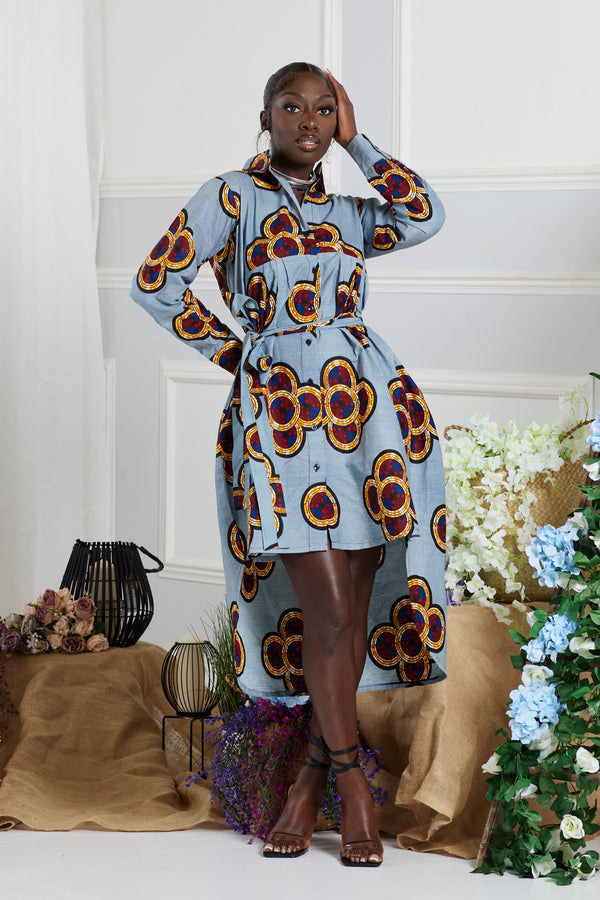 MELLIE AFRICAN PRINT HI-LOW MIDI SHIRT DRESS