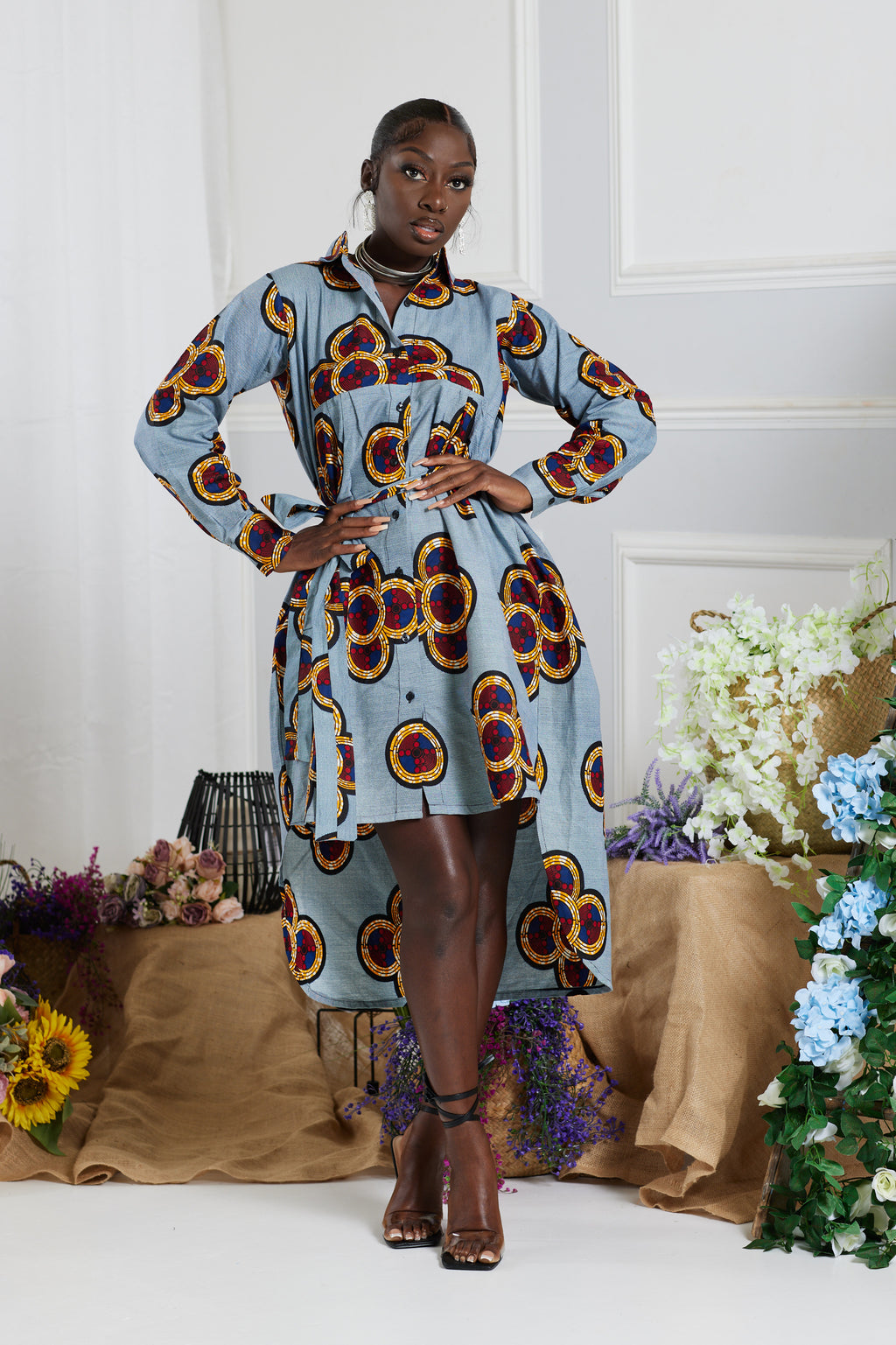 MELLIE AFRICAN PRINT HI-LOW MIDI SHIRT DRESS