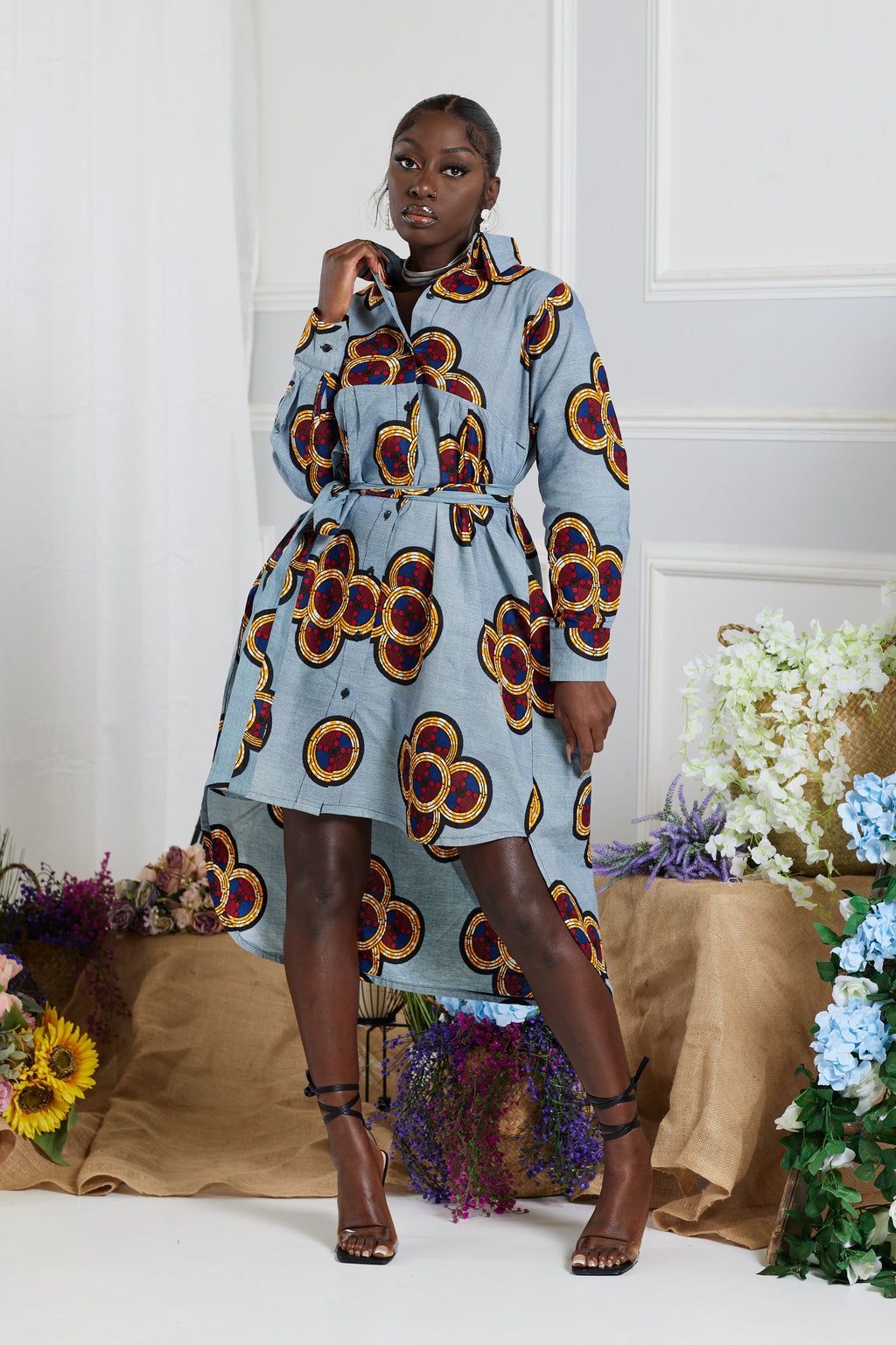 MELLIE AFRICAN PRINT HI-LOW MIDI SHIRT DRESS