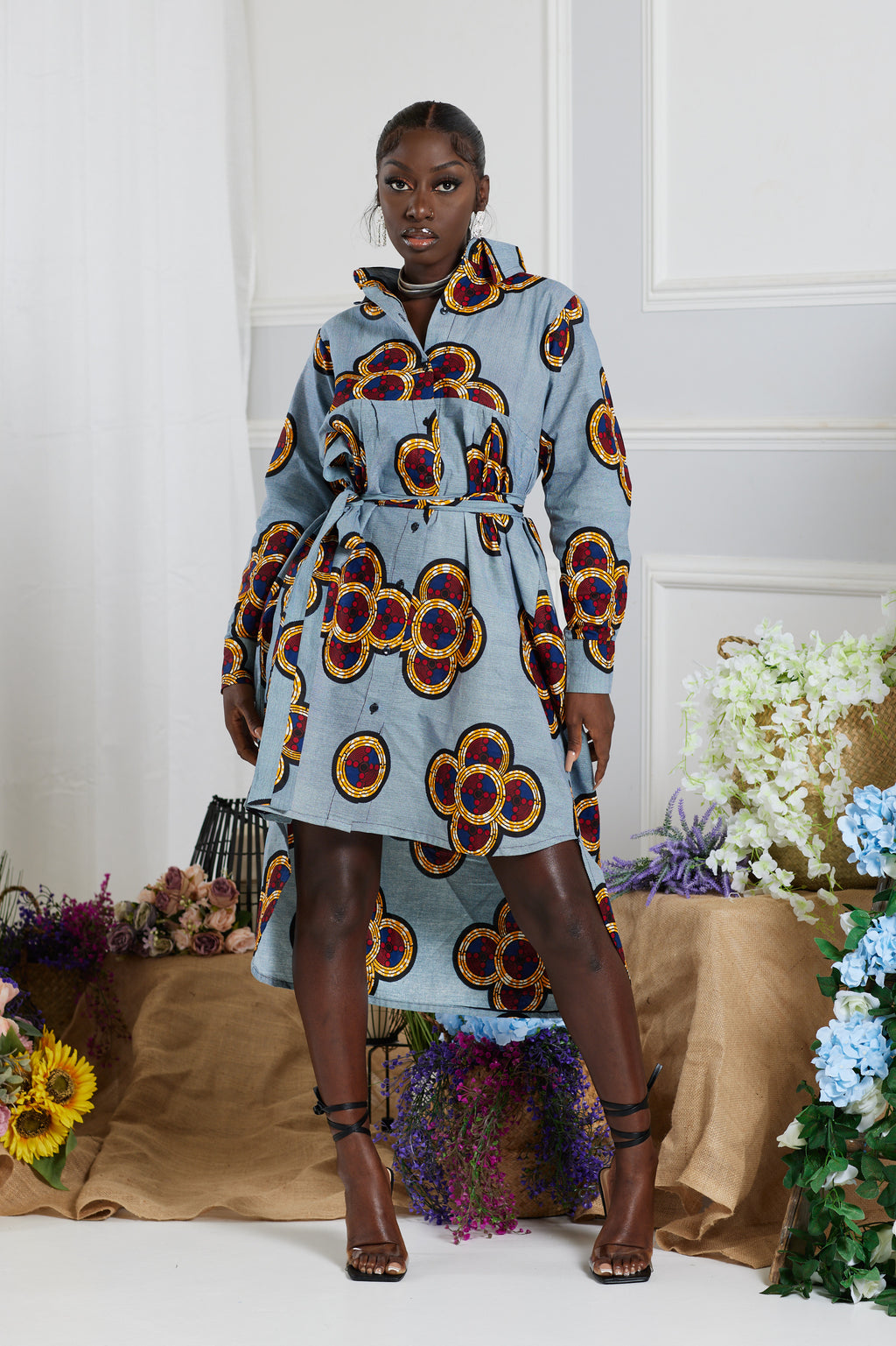 MELLIE AFRICAN PRINT HI-LOW MIDI SHIRT DRESS