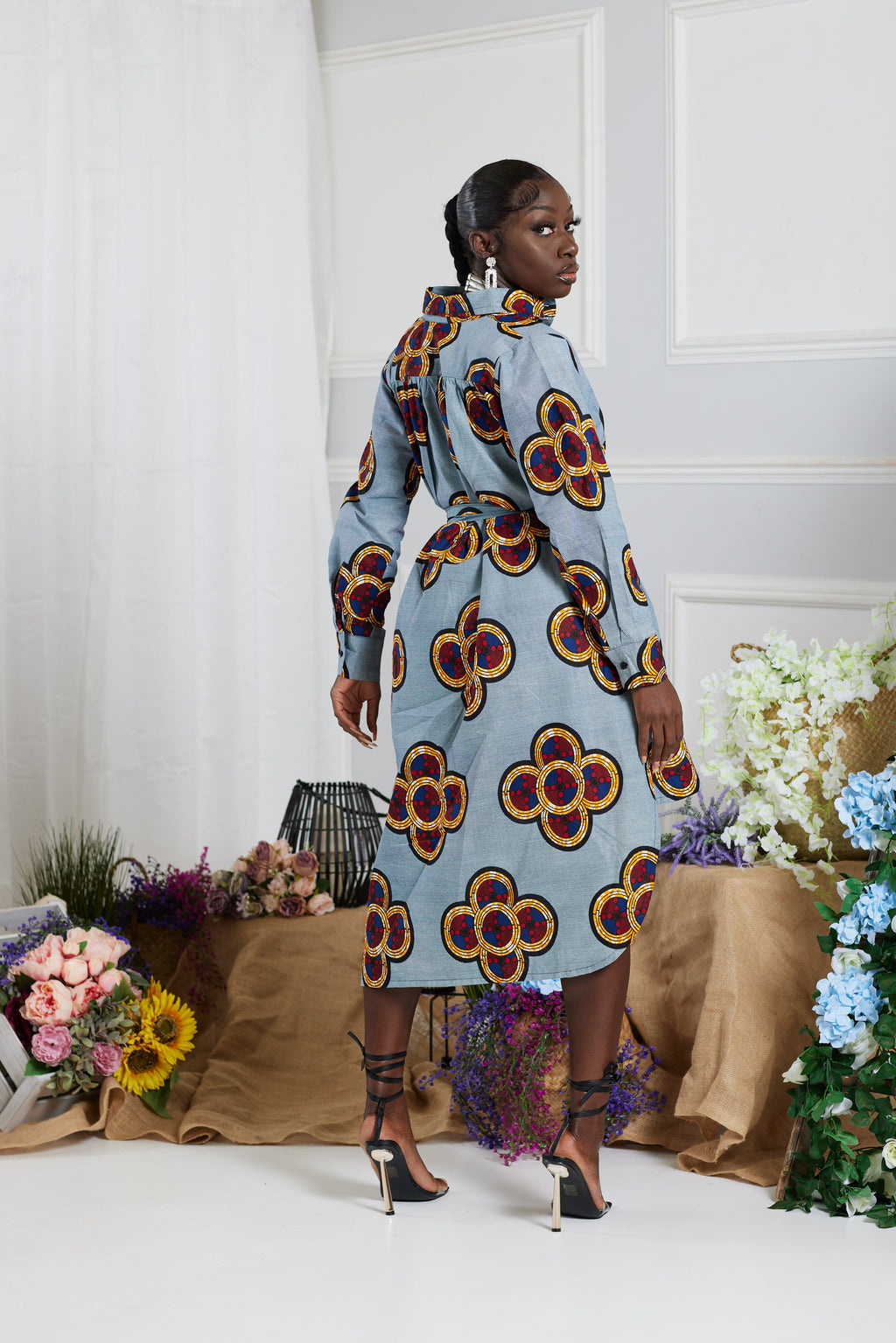 MELLIE AFRICAN PRINT HI-LOW MIDI SHIRT DRESS