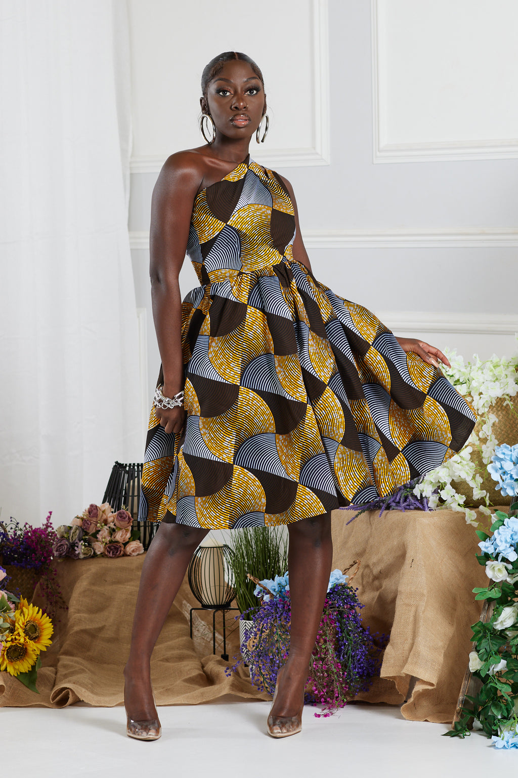 SANMI AFRICAN PRINT ONE-SHOULDER MIDI DRESS