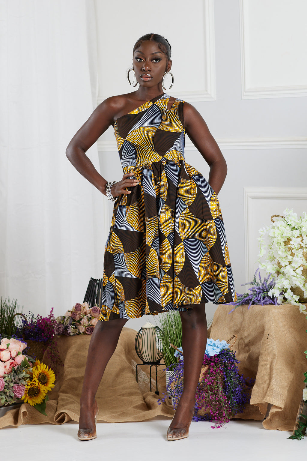 SANMI AFRICAN PRINT ONE-SHOULDER MIDI DRESS