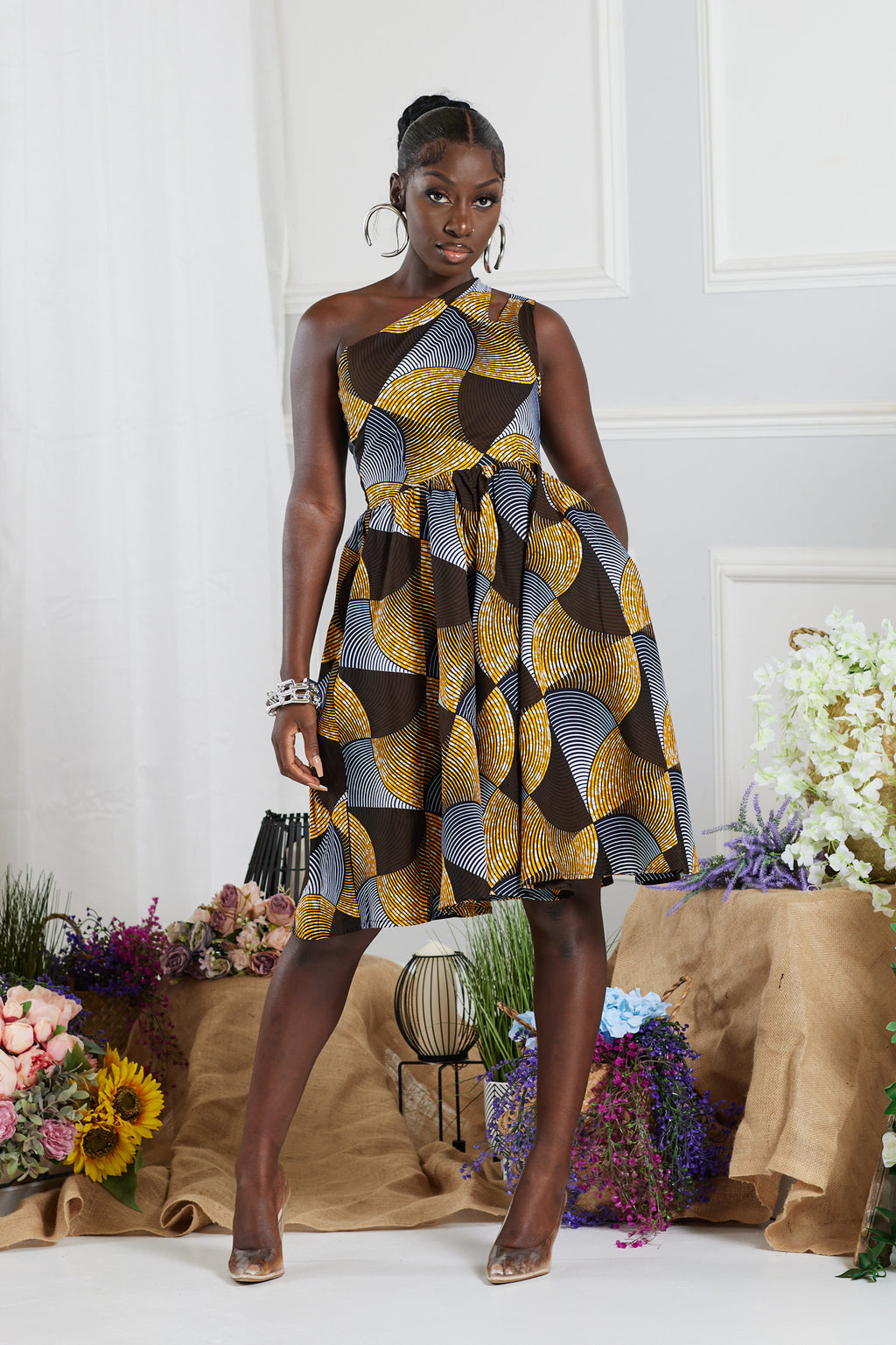 SANMI AFRICAN PRINT ONE-SHOULDER MIDI DRESS