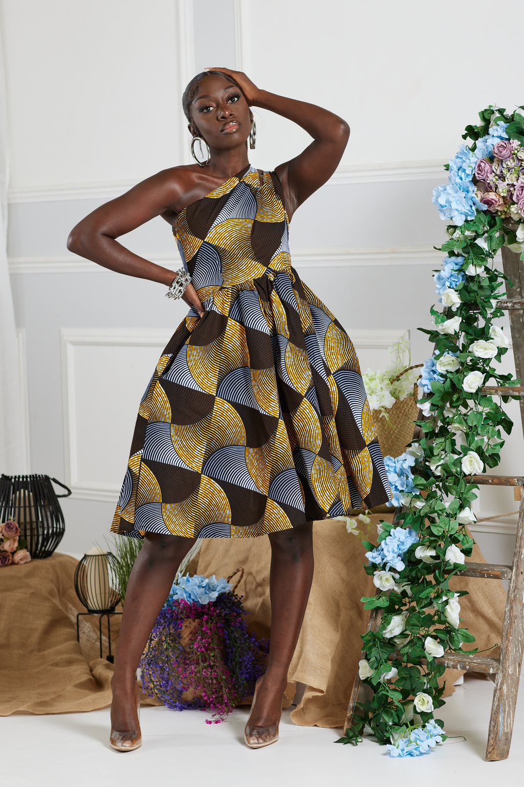 SANMI AFRICAN PRINT ONE-SHOULDER MIDI DRESS