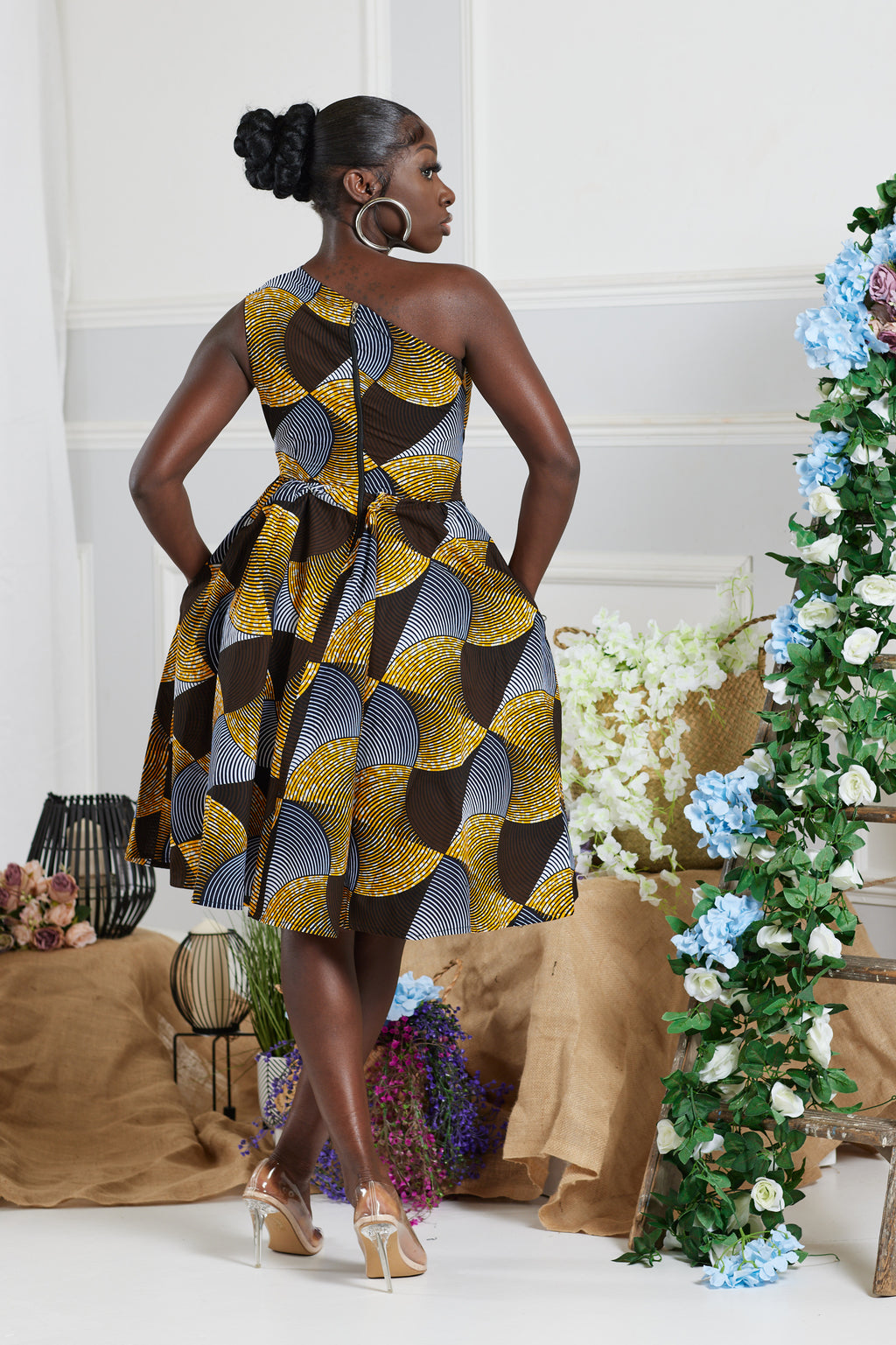 SANMI AFRICAN PRINT ONE-SHOULDER MIDI DRESS