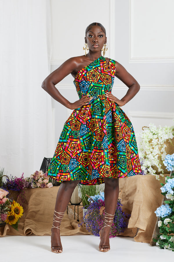 IMANI AFRICAN PRINT ONE-SHOULDER MIDI DRESS