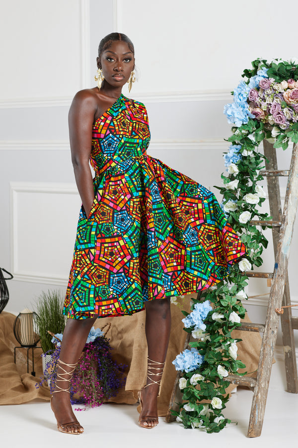 IMANI AFRICAN PRINT ONE-SHOULDER MIDI DRESS