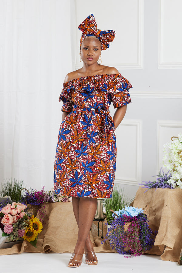 TANGIE AFRICAN PRINT OFF-SHOULDER MIDI DRESS