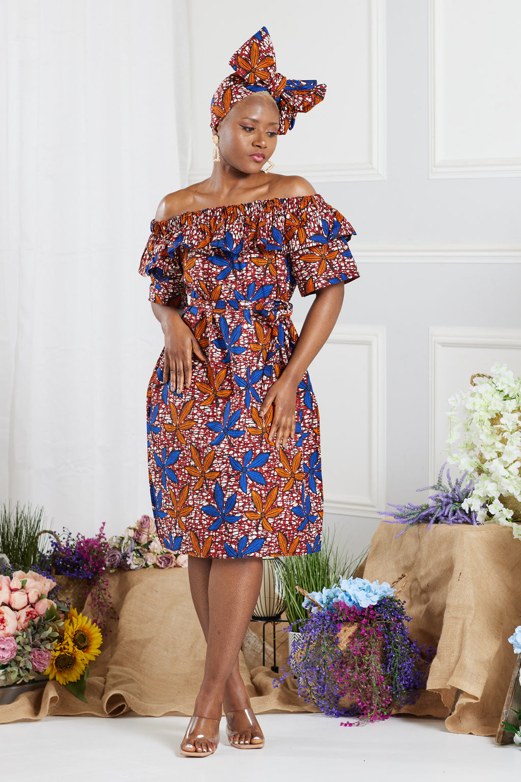 TANGIE AFRICAN PRINT OFF-SHOULDER MIDI DRESS