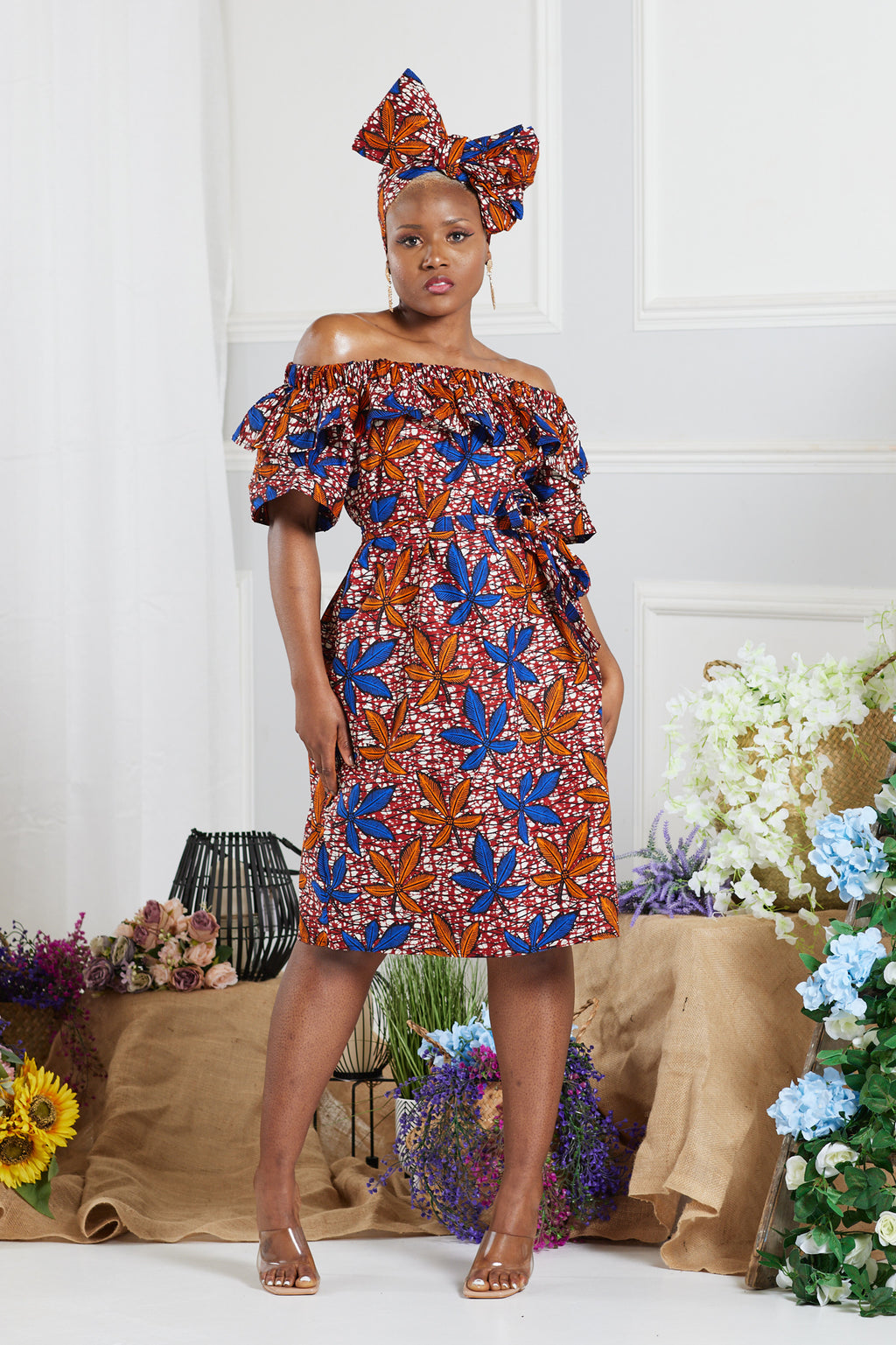 TANGIE AFRICAN PRINT OFF-SHOULDER MIDI DRESS