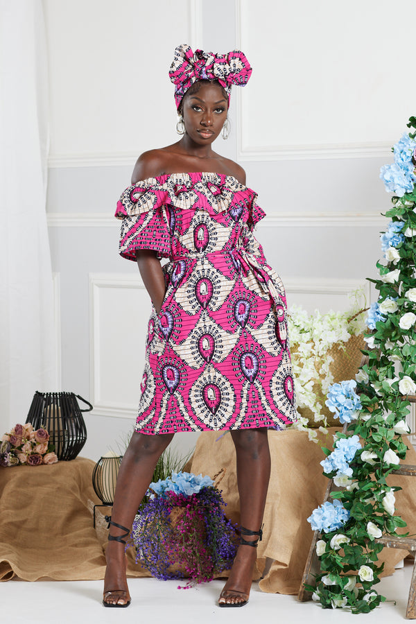 RUDOMA AFRICAN PRINT OFF-SHOULDER MIDI DRESS