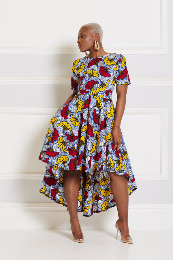 MIRA AFRICAN PRINT HI-LOW MIDI DRESS