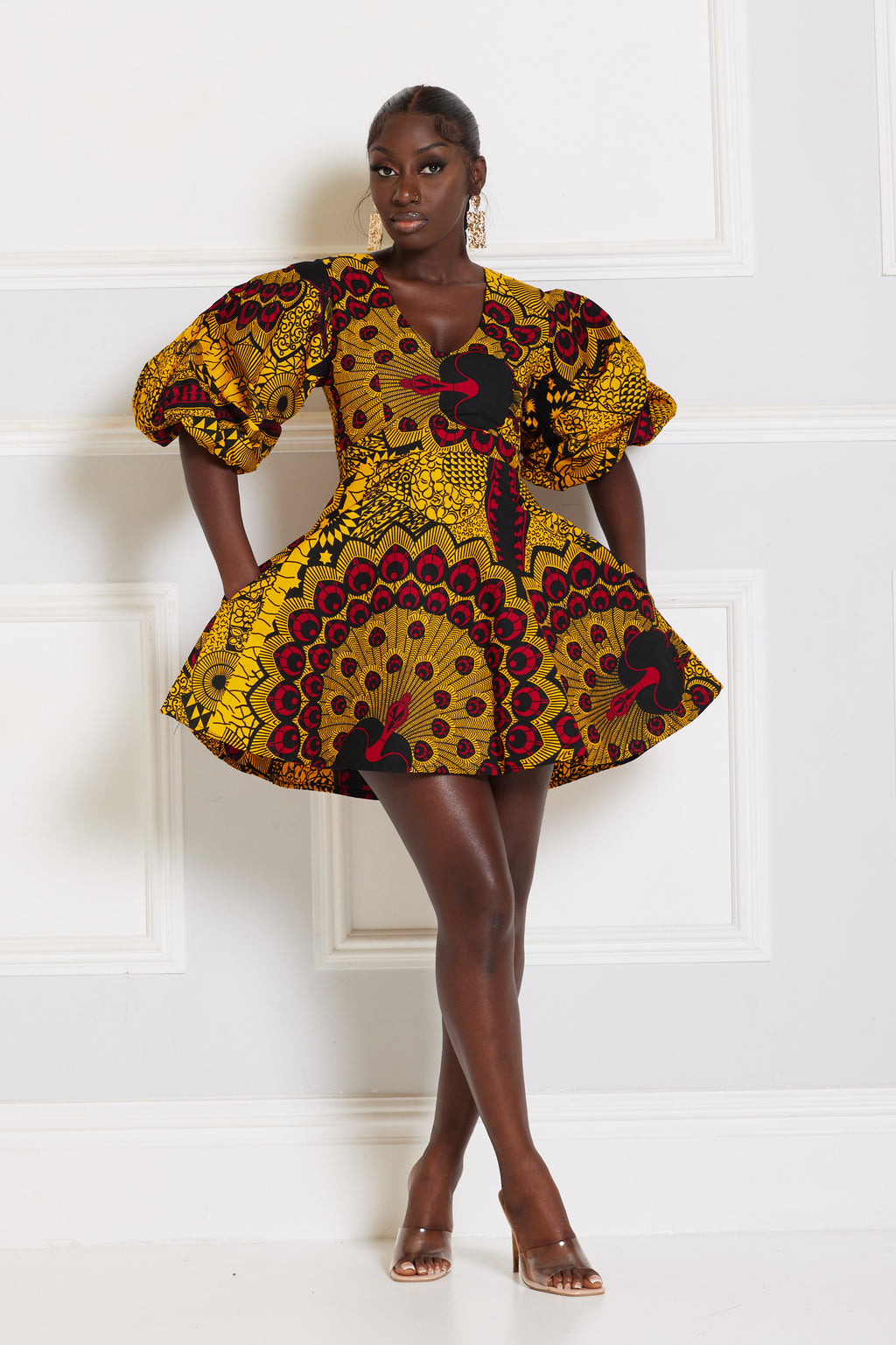 MORIRE AFRICAN PRINT PUFFY SLEEVE MINI DRESS