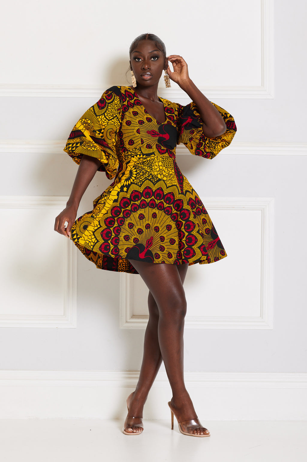 MORIRE AFRICAN PRINT PUFFY SLEEVE MINI DRESS