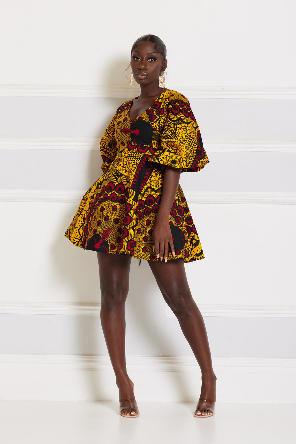 MORIRE AFRICAN PRINT PUFFY SLEEVE MINI DRESS