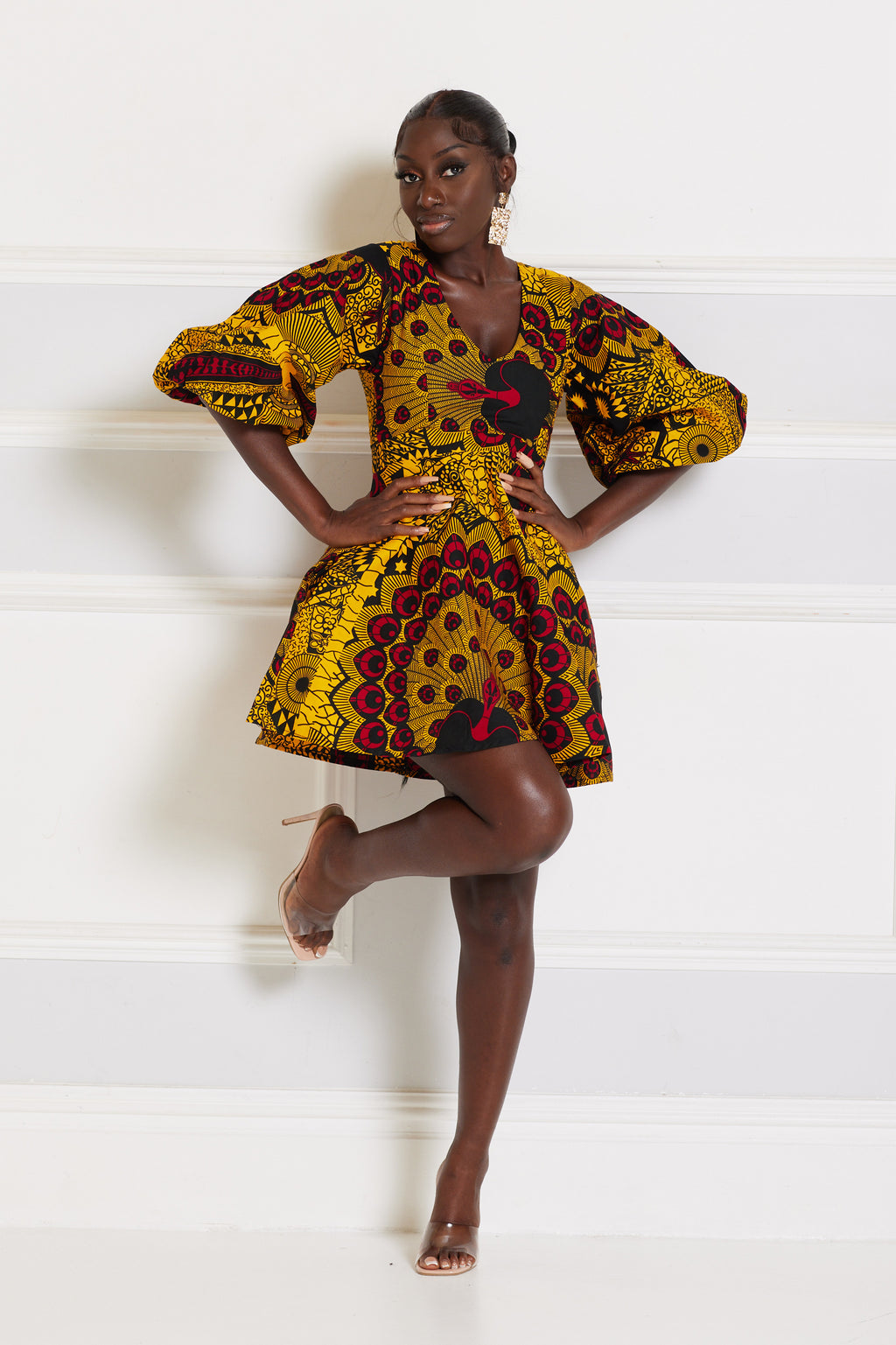 MORIRE AFRICAN PRINT PUFFY SLEEVE MINI DRESS