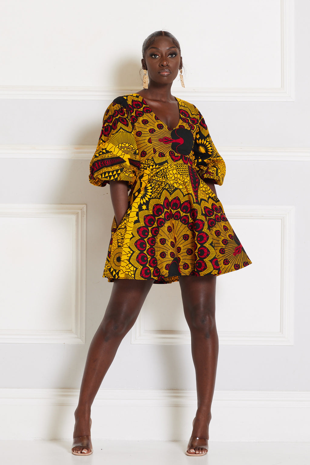 MORIRE AFRICAN PRINT PUFFY SLEEVE MINI DRESS