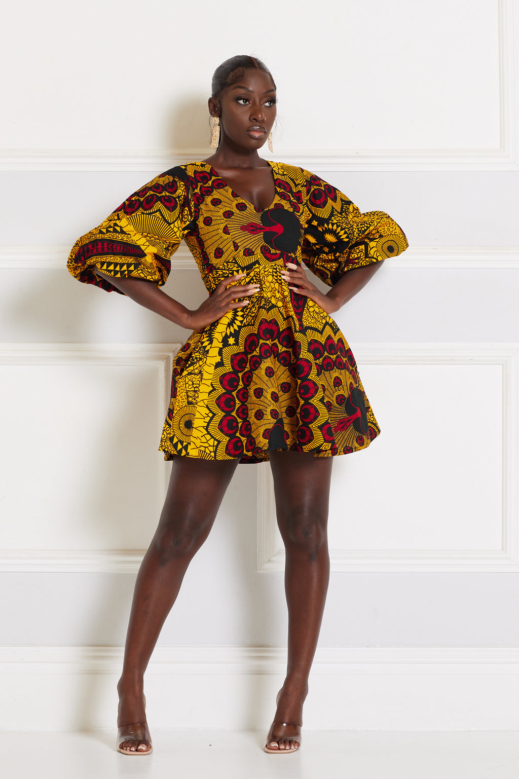 MORIRE AFRICAN PRINT PUFFY SLEEVE MINI DRESS