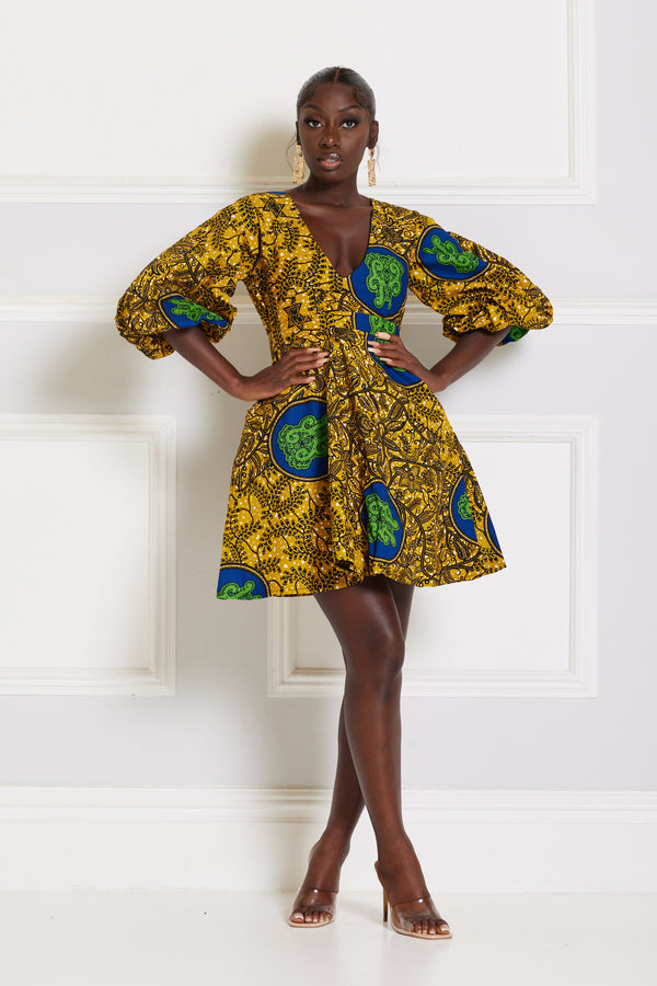 DAFE AFRICAN PRINT PUFFY SLEEVE MINI DRESS