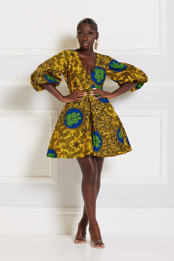 DAFE AFRICAN PRINT PUFFY SLEEVE MINI DRESS