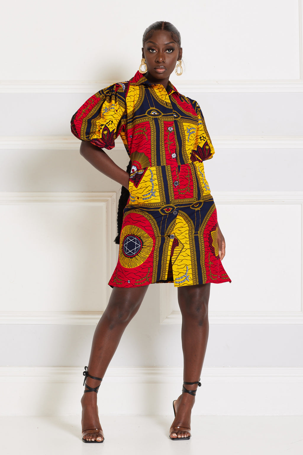 IFEKO AFRICAN PRINT PUFFY SLEEVE MINI SHIRT DRESS