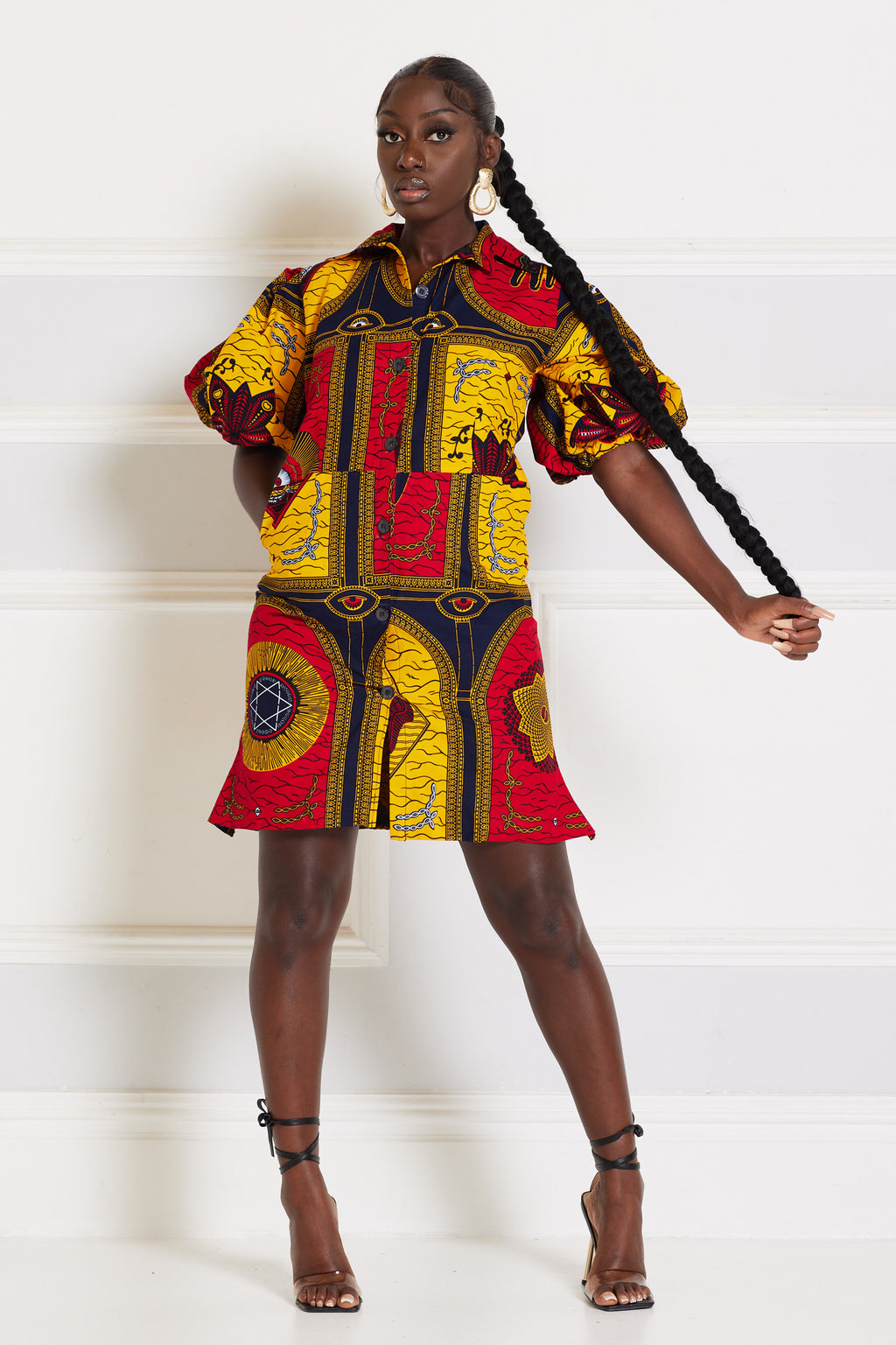 IFEKO AFRICAN PRINT PUFFY SLEEVE MINI SHIRT DRESS